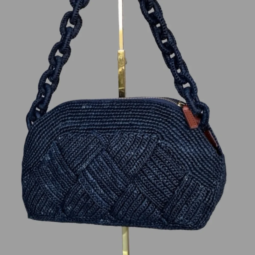 SEZANE Navy Blue Woven Braided Raffia Shoulder Bag Chain Link Strap Isabelle Bag - Picture 14 of 14